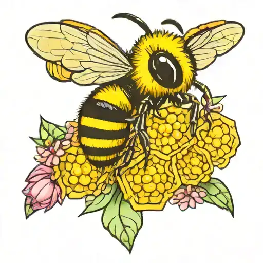 Bee With Honeycombs And Flowers