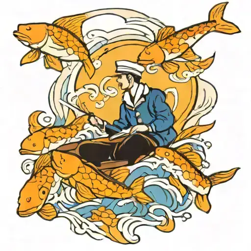 A Sailor Sailing On A Calm Ocean With A School Of Koi Fish Jumping Out Of The Water