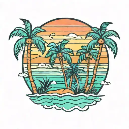 Bold Lines Coastline Ocean Sunset Palm Trees Teal And Orange