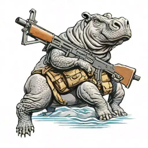 Hippo With Ammo Around His Neck On A Mountaint With A Tarp With A Light Machine Gun