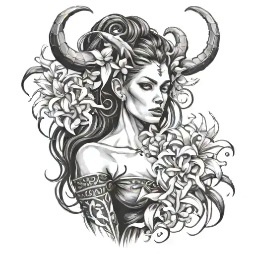 Woman With Horns And Spider Lilies And The Mark Of Lilith On Head
