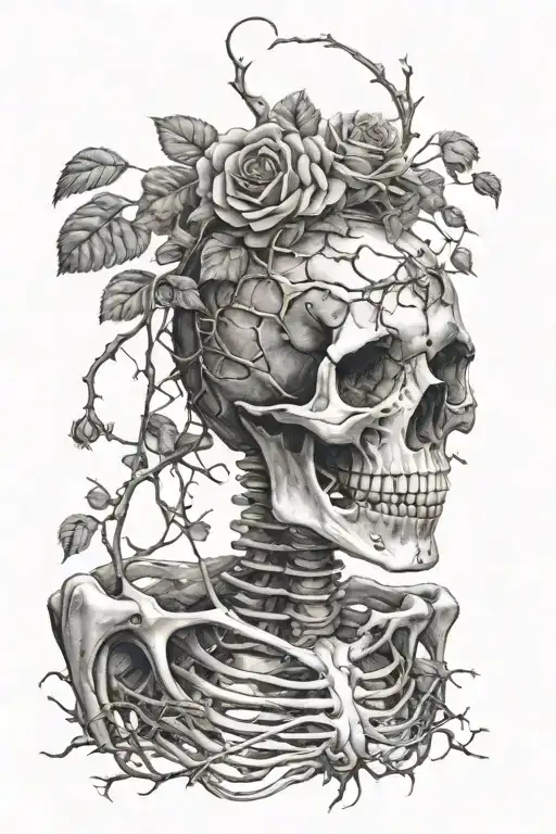 Full Skeleton Wrapped And Overgrown In A Bed Of Thorns And Roses Like Hes Been There For A Decade