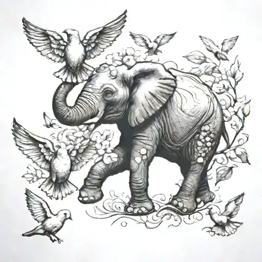 Elephant And Doves Flying