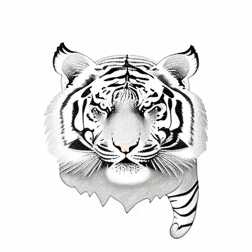 A Blackwork Tattoo Of A Tiger Surrounded By Cherry Blossoms