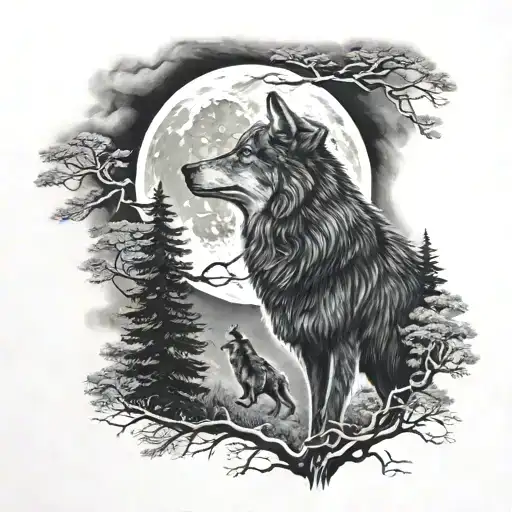 Black Wolf Howling At Wolf Face Moon Trees In Background