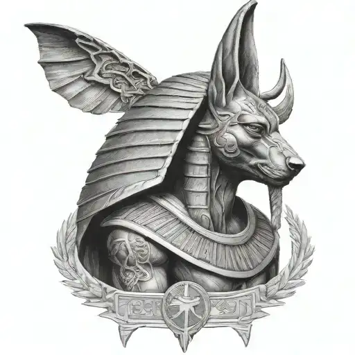 Anubis In A Realistic Style Facing Forward With Hieroglyphics As The Background