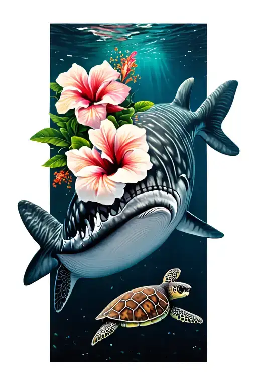 Whale Shark With Hibiscus And Sea Turtle