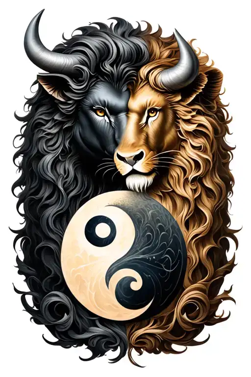 Bull And Lion Embrace Couple Yin And Yang
