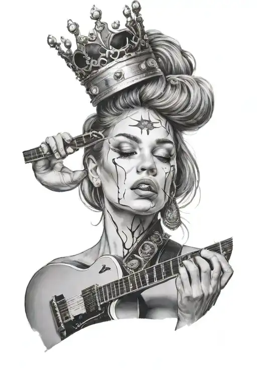 Torso Of Woman With Crown On Her Head Playing Guitar And A Tear Coming Out Of Her Eye