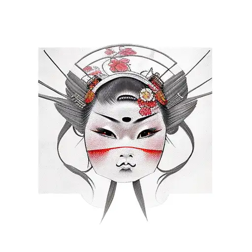 A Geisha Taking Off An Evil Mask And Carrying Japanese Swords On Her Back