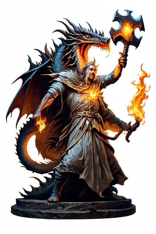 Cleric With A Glowing Hammer Fighting A Dragon Breathing Fire