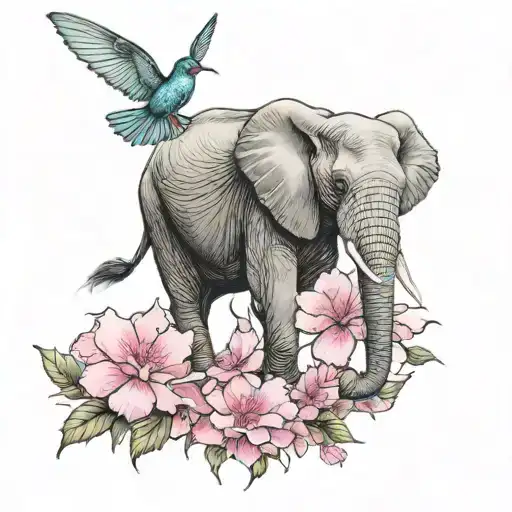 Elephant With Pink Carnations And Hummingbirds