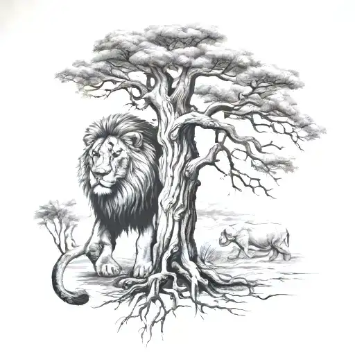 Tree Boxing Bag And Lion In Sahara