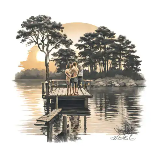 Lake Dock With Family Of 5 Two Boys And A Girl From Behind With Sun And Trees In The Background