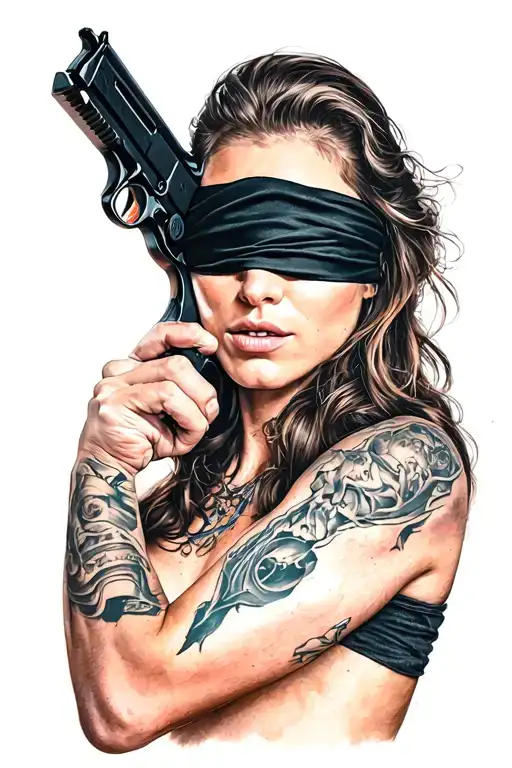 Woman With A Blindfold Half Up Holding A Gun