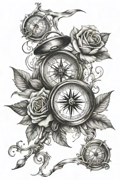 Clock And Compass With Rose