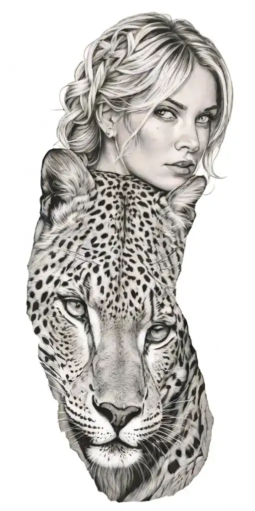 A Blonde German Woman With Green Eyes And A Snow Leopard On A Rocky Mountain Backdrop