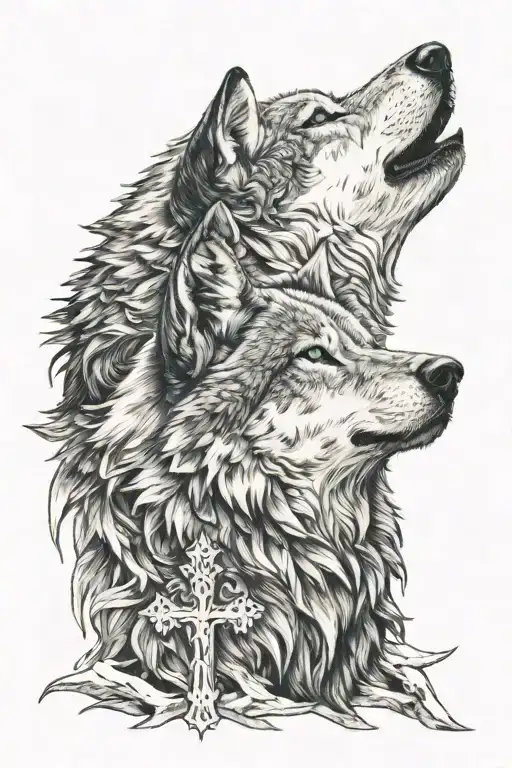 I Want A Wolf With Blue Eyes Howling On My Shoulder With A Cross Separating Him With Jesus Praying
