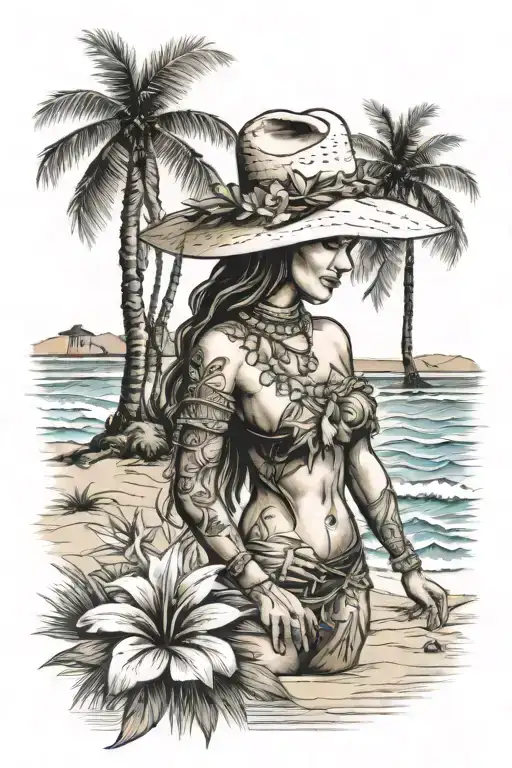 Hula Girl Wearing Cowboy Hat On Beach Scene With Palm