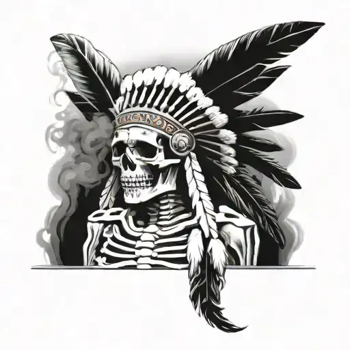 Skeleton With Native American Headdress Smoking A Joint