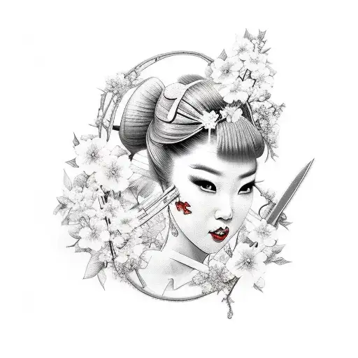 Sexy Geisha With Sword And Blossoms
