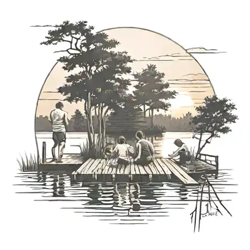 Lake Dock With Family Of 5 Two Boys And A Girl From Behind With Sun And Trees In The Background