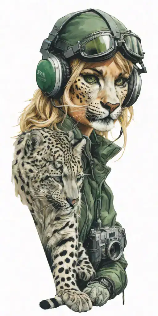 Snow Leopard In The Rocky Mountains And Blonde Woman With Green Eyes Fixing Aircraft