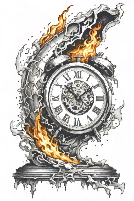 Clock On Fire With Broken Glass Falling Apart