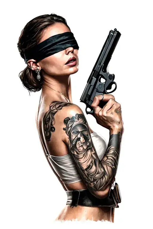Woman With A Blindfold Half Up Holding A Gun