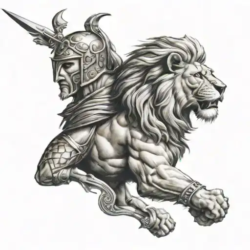 A Traditional Tattoo Of A Lion And A Spartan Warrior Merged