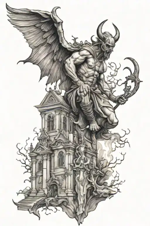 Devil Stomped By Guardian Angel With A Background Of A Church