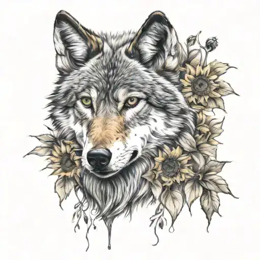 Wolf Surrounded By Sunflowers