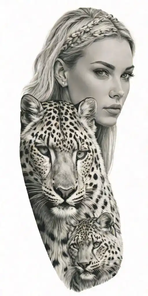 Blonde Woman With Green Eyes And A Snow Leopard With Rocky Mountains In The Background