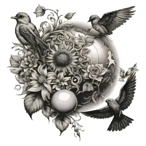 Sphere And Birds And Sun And Flowers And Sadness