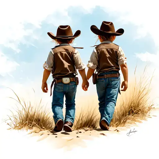 2 Cowboy Kids Walking Away