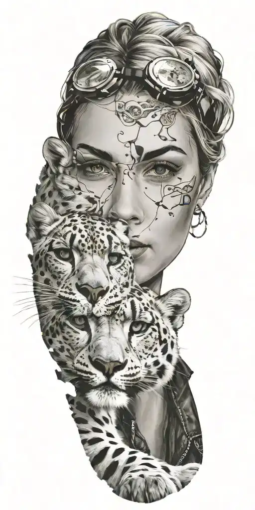 Snow Leopard With Rocky Mountains In The Background And Blonde Woman With Green Eyes Fixing Aircraft