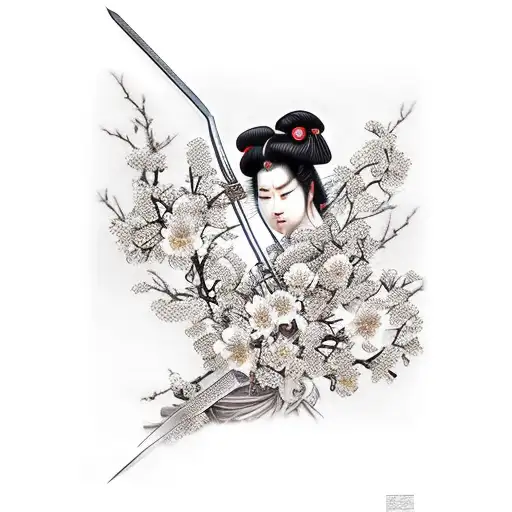 Warrior Geisha With Sword And Blossoms