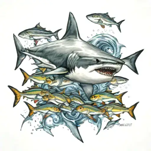Shark Swimming In The Middle Of A School Of Fish