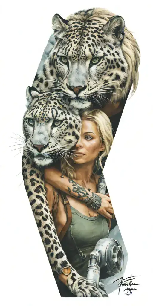 Snow Leopard In The Rockies And Blonde Woman With Green Eyes Fixing Aircraft With A Guy