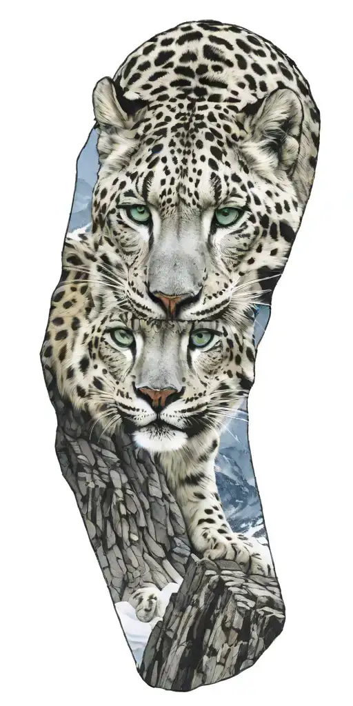 A Blonde American Woman With Green Eyes And A Snow Leopard On A Rocky Mountain Backdrop