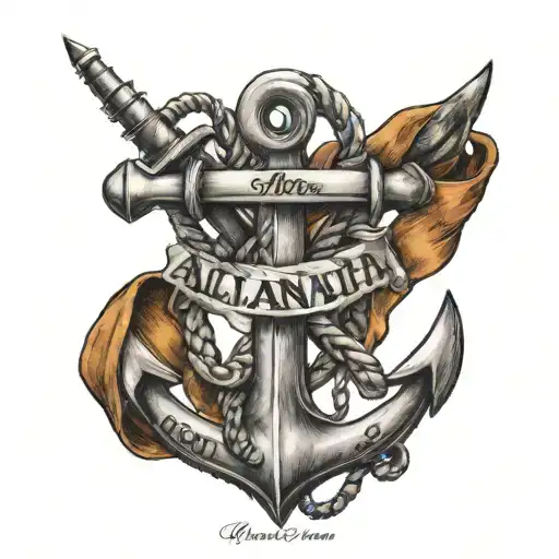 A Realistic Anchor Tattoo With Intricate Details And A Banner That Reads 'Alanah & Sienna'