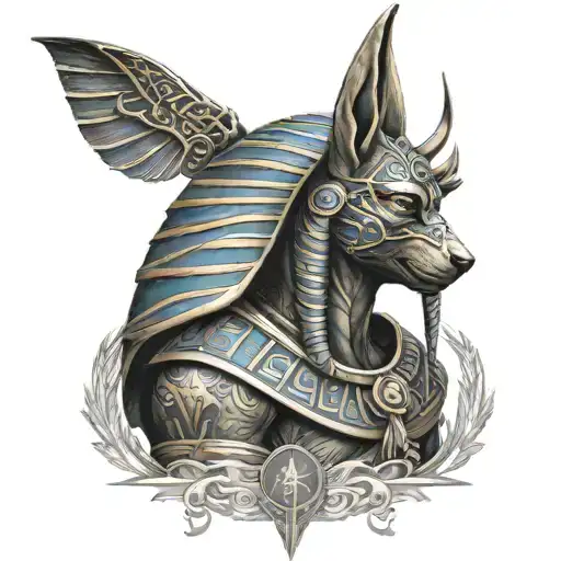 Anubis In A Realistic Style Facing Forward With Hieroglyphics As The Background