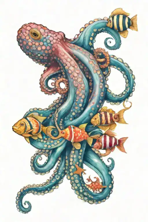 Colourful Octopus Wrapping Its Tentacles With Colourful Fish Swimming