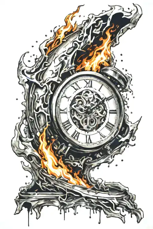 Clock On Fire With Broken Glass Falling Apart