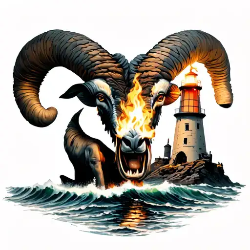 Ram Biting A Torch Surrounding A Lighthouse