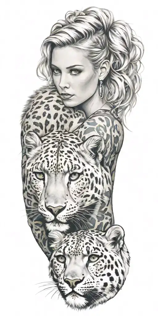 Blonde Woman With Green Eyes And A Snow Leopard With Rocky Mountains In The Background