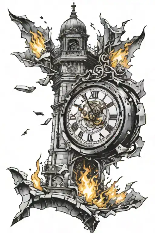 Clock Tower On Fire With Broken Glass Falling Apart