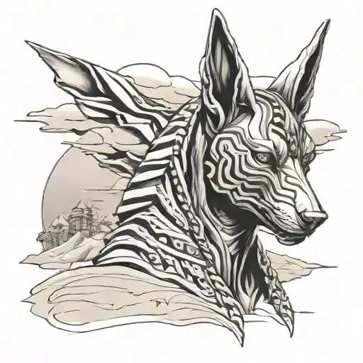 Anubis Face Depicted In A Sketch Style With A Background Of Swirling Sand Dunes