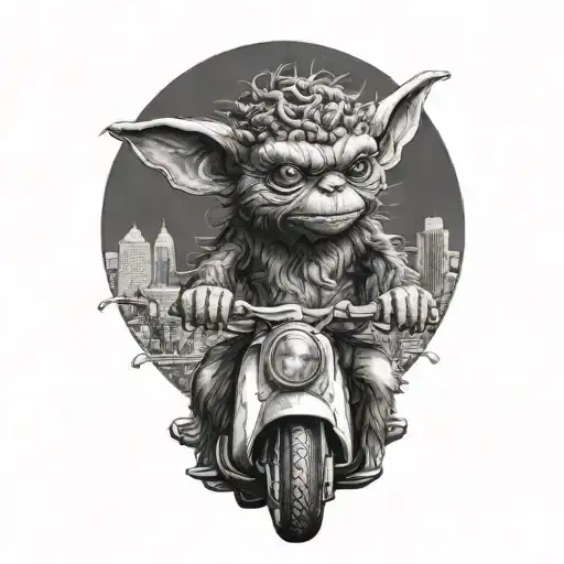 Gremlin Riding A Scooter Curly Hair