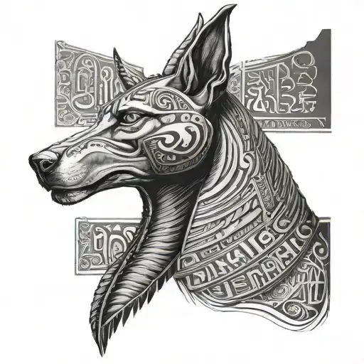 Anubis Is Depicted In A Realistic Style With A Background Of Hieroglyphics